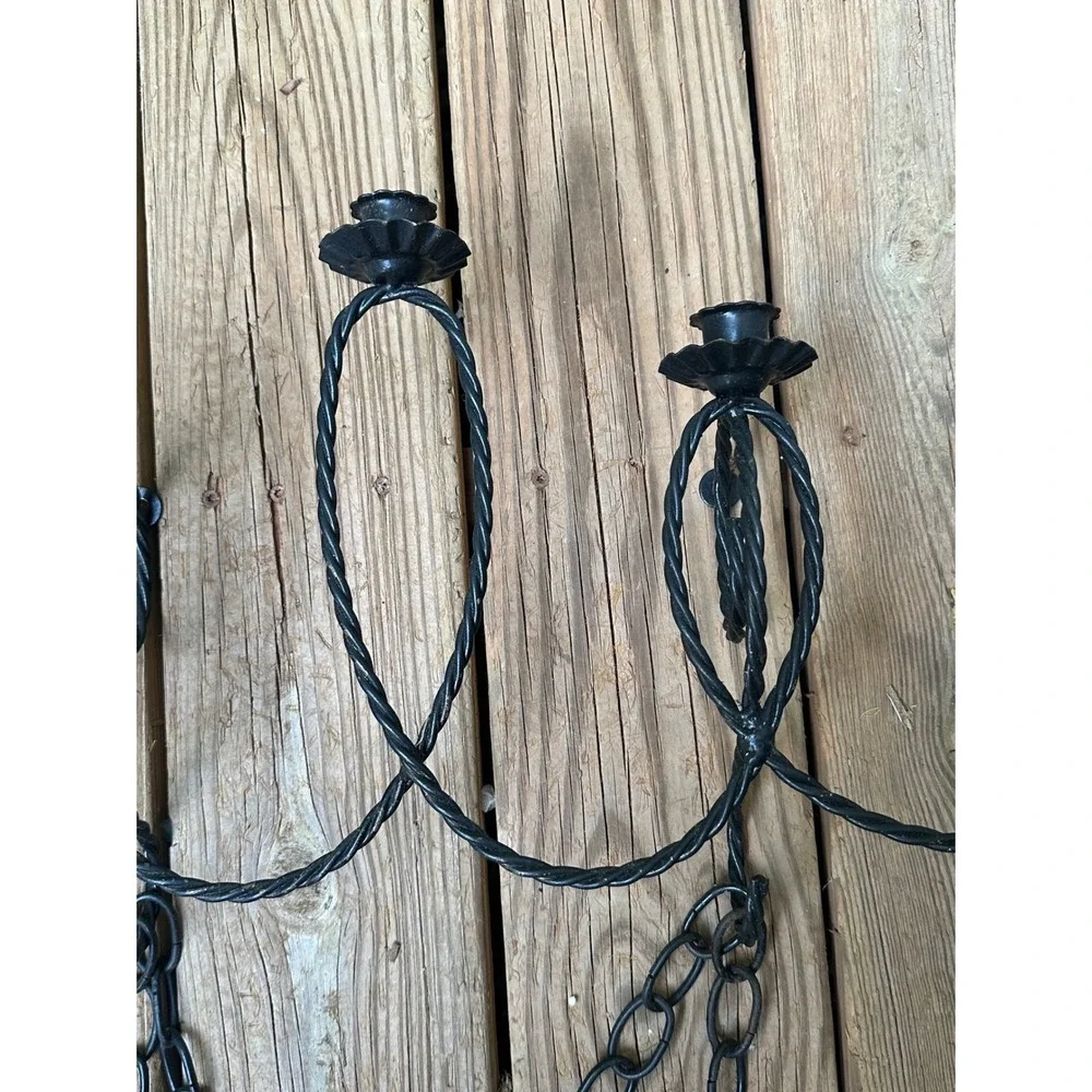 Vintage Black Wrought Iron 5 Light Hanging Candelabra Twisted Metal Gothic Decor